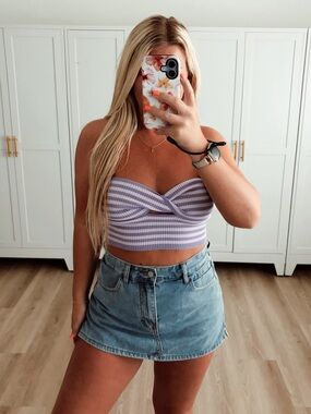 Purple striped bandeau strapless crop top